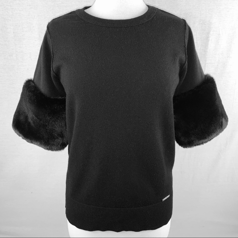 MICHAEL Michael Kors Black Short Sleeve Sweater with Faux Fur Cuffs